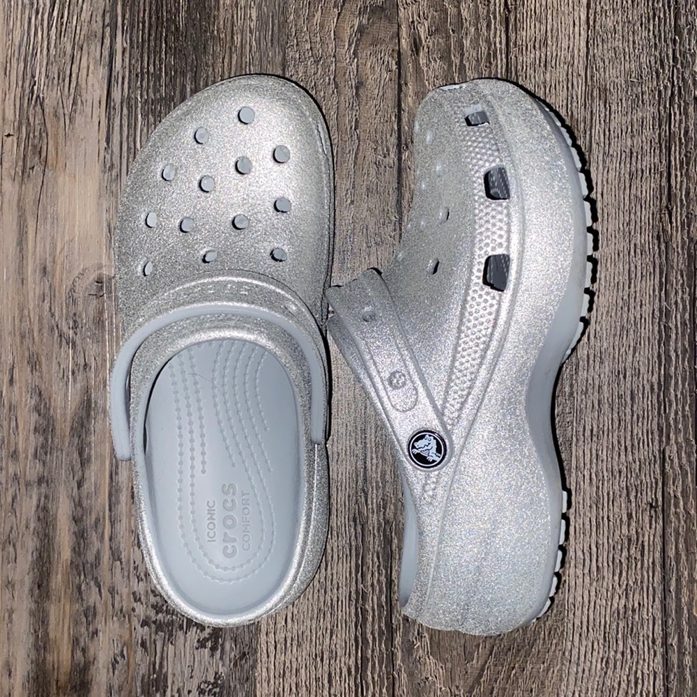 Silver glitter platform crocs